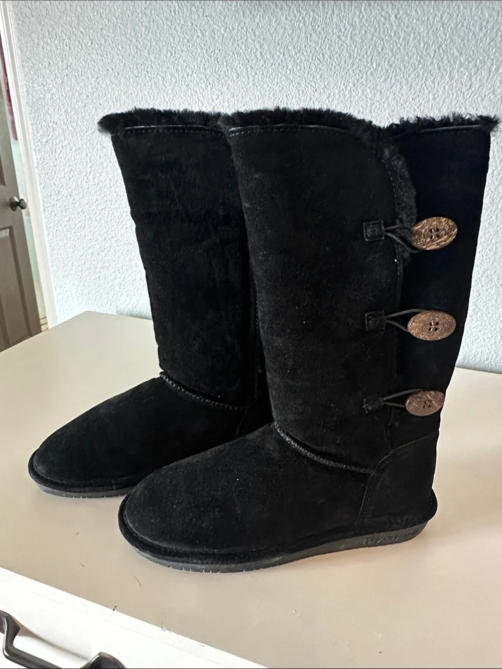 BearPaw Black Tall Suede Winter Boots with Toggle Buttons